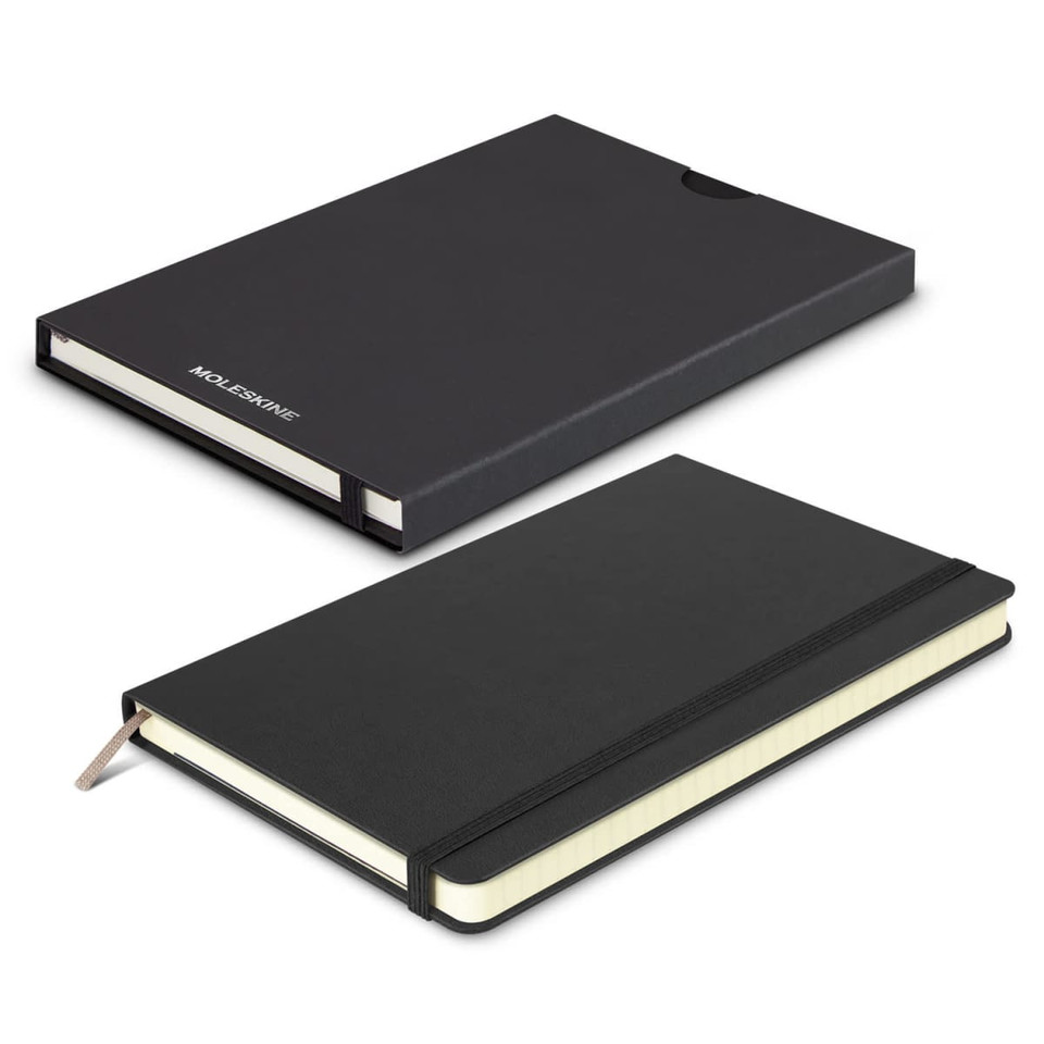 A large black Moleskine Classic hard cover notebook with a ribbon bookmark and an elastic closure. Includes a branded cover.