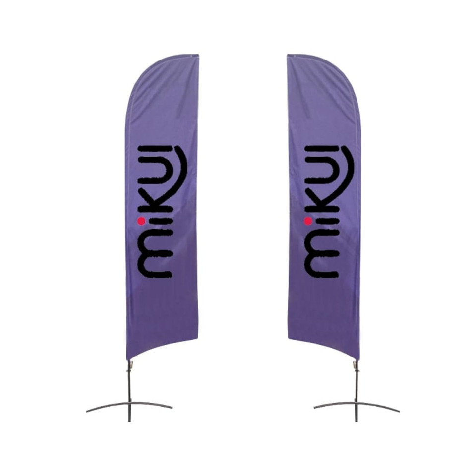 Two large angled feather banners in purple with a logo design. Each banner measures 80.5 x 400 cm.