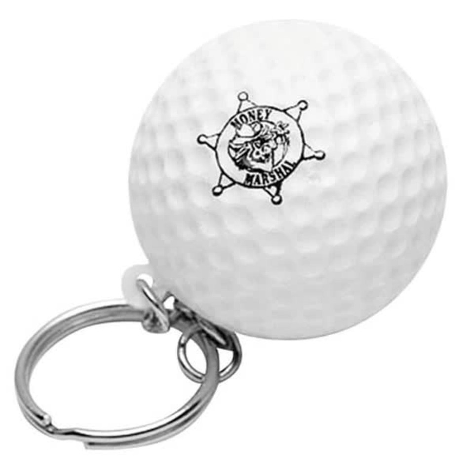 A white golf ball stress reliever attached to a silver keyring, featuring a logo on its surface.