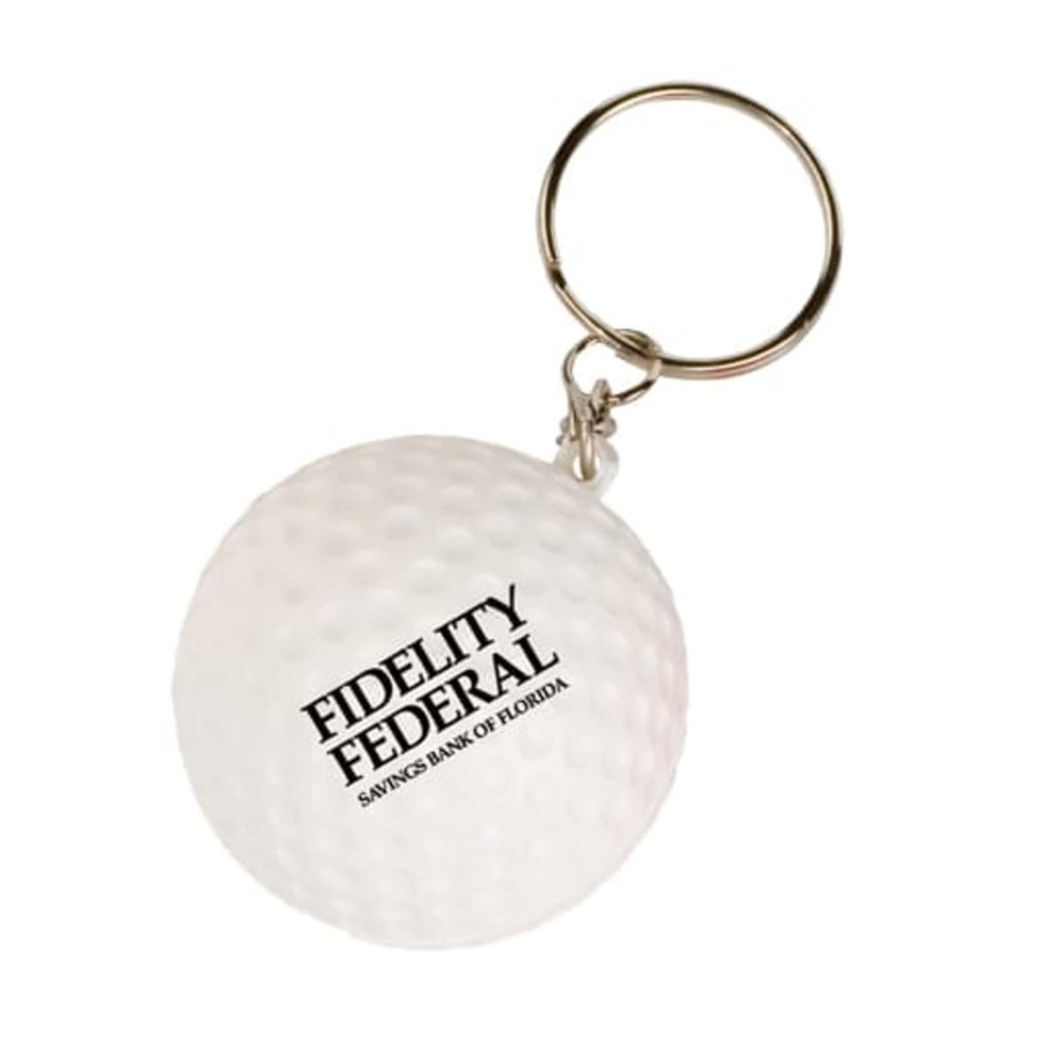 A white golf ball stress reliever attached to a metal keyring. Features branding on the front.