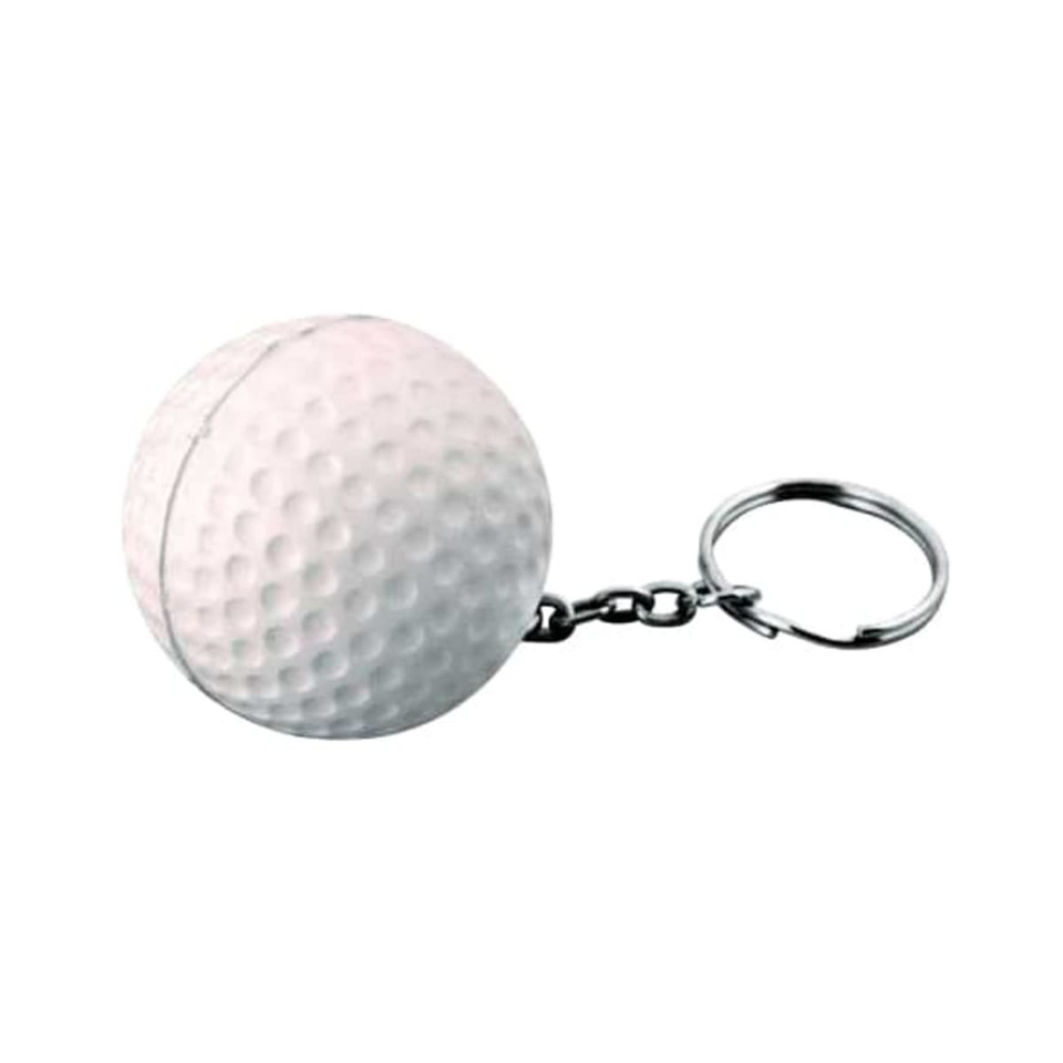 A white golf ball stress reliever attached to a silver keyring. It features a textured surface and a small chain.