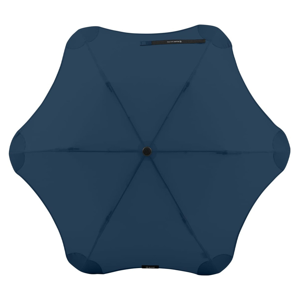 A blue BLUNT Metro Umbrella featuring a unique, eight-panel design and a central locking mechanism.