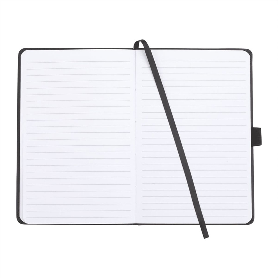 A black pineapple leather bound journal with lined pages and a ribbon bookmark.