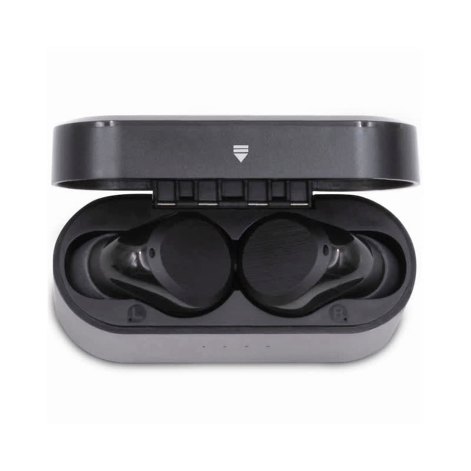 Wireless earbuds in a black charging case, featuring a simple design with a logo on the lid.