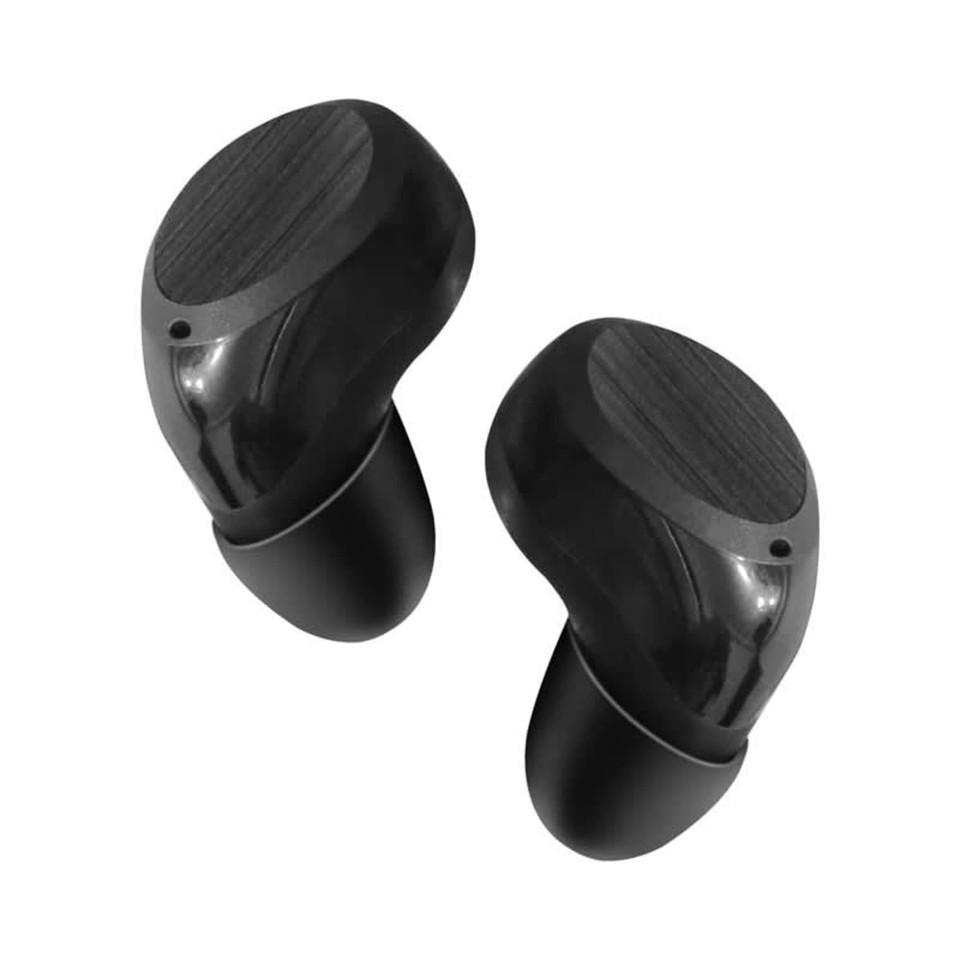 Wireless earbuds in a sleek black design with a wood-textured finish. Features an integrated logo on the surface.