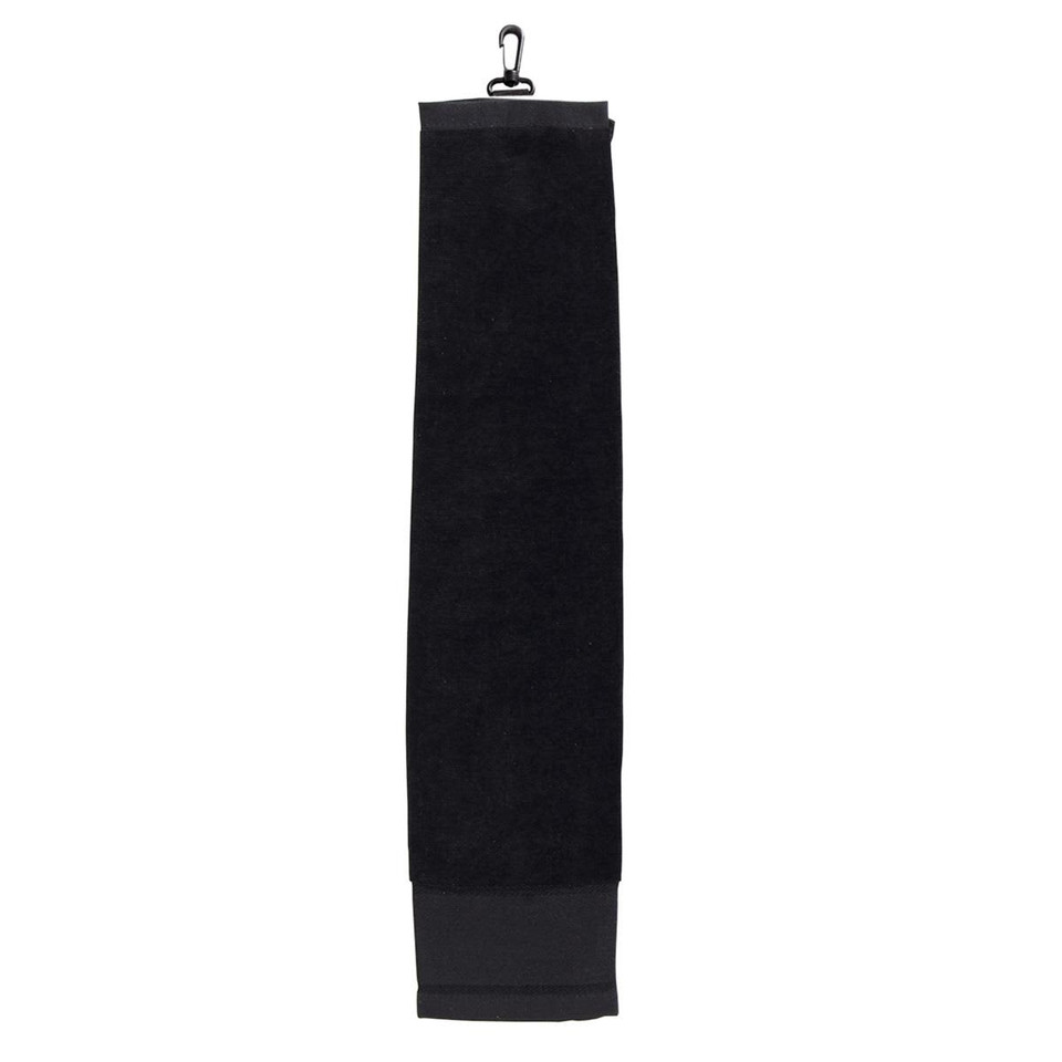 A black golf towel with a hanging clip, featuring a soft texture and a sleek design.