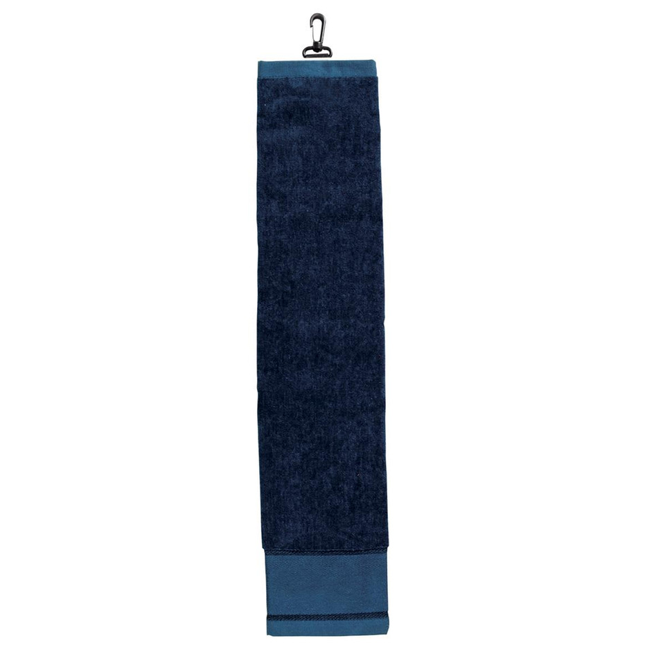 A dark navy golf towel with a hanging clip and a lighter blue trim at the bottom. It features a logo.