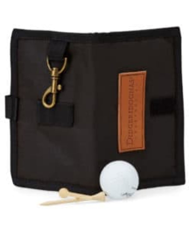 A black golfer's scorecard holder featuring a clip, a tee, and a white golf ball. It has a branding logo.