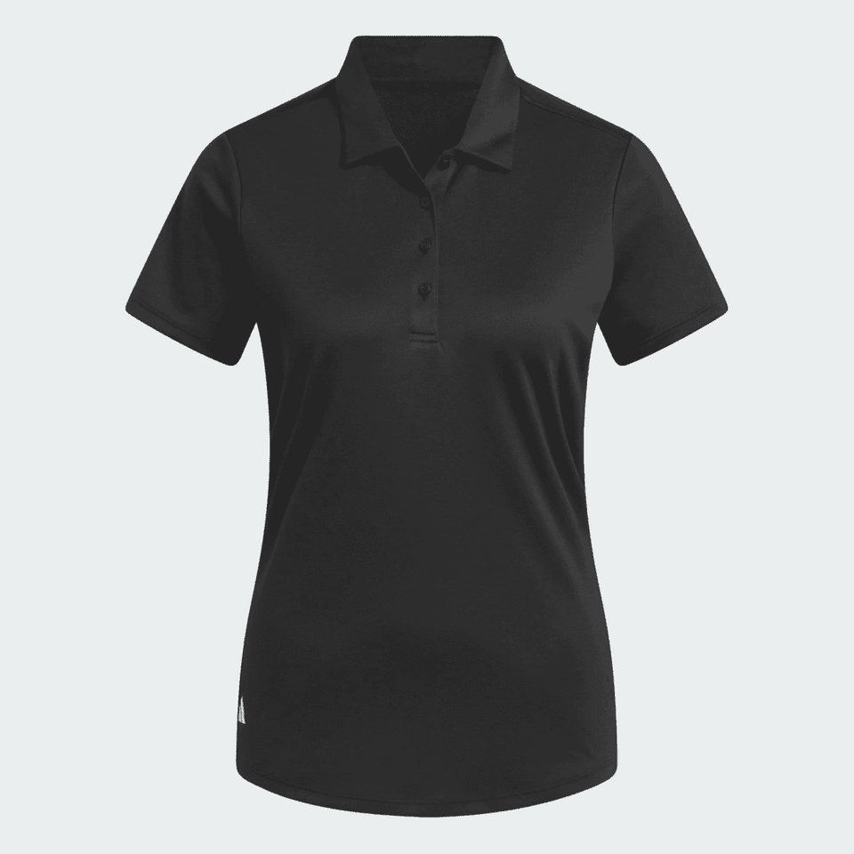 A black ladies' polo shirt with a classic collar and buttons, featuring a logo.