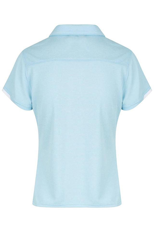 Light blue polo shirt with short sleeves and a collar, featuring a logo on the back.