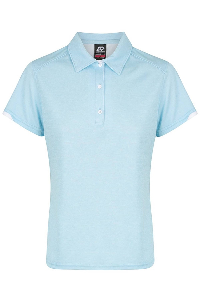 A light blue women's polo shirt with a collar and short sleeves, featuring a branded label.