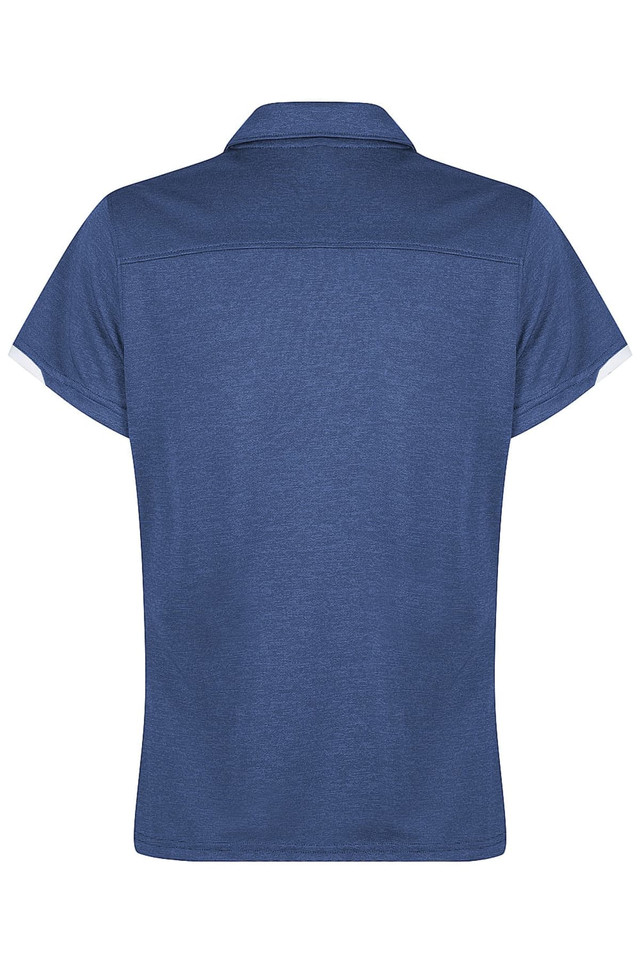 A blue polo shirt with a collar and short sleeves, featuring a simple design and a logo.
