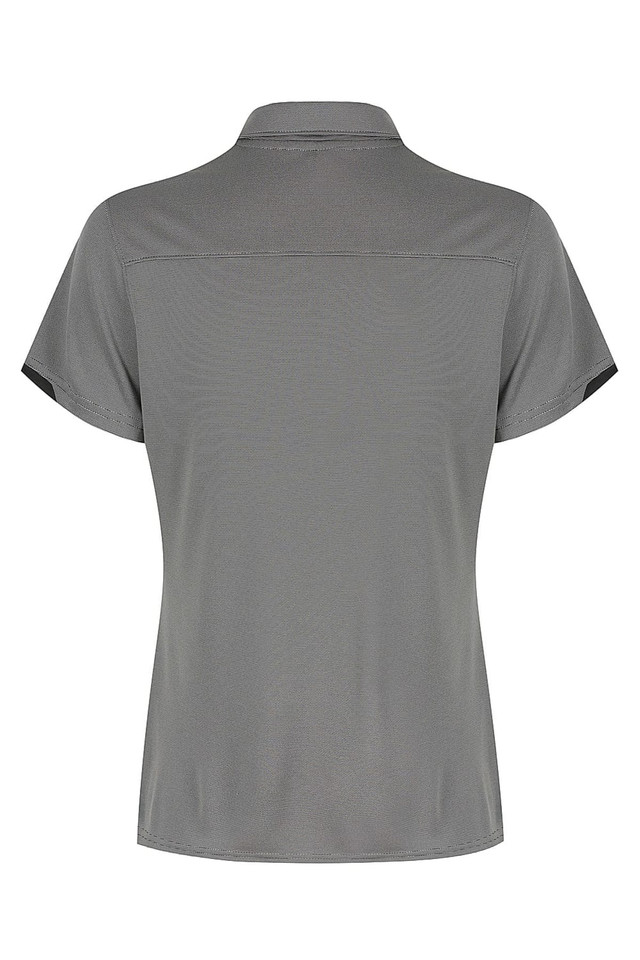A grey polo shirt with a collar and short sleeves, featuring a logo on the back.