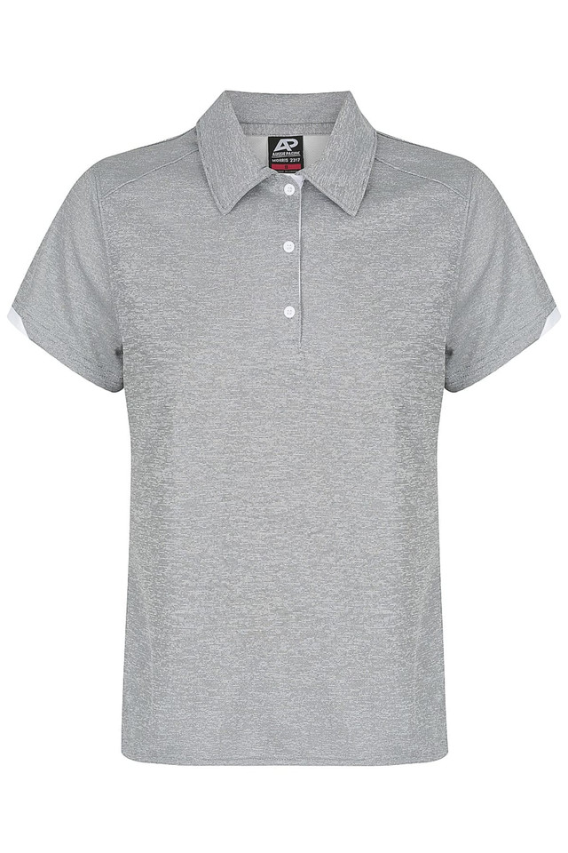 A grey polo shirt with short sleeves and a collar, featuring a branding logo.