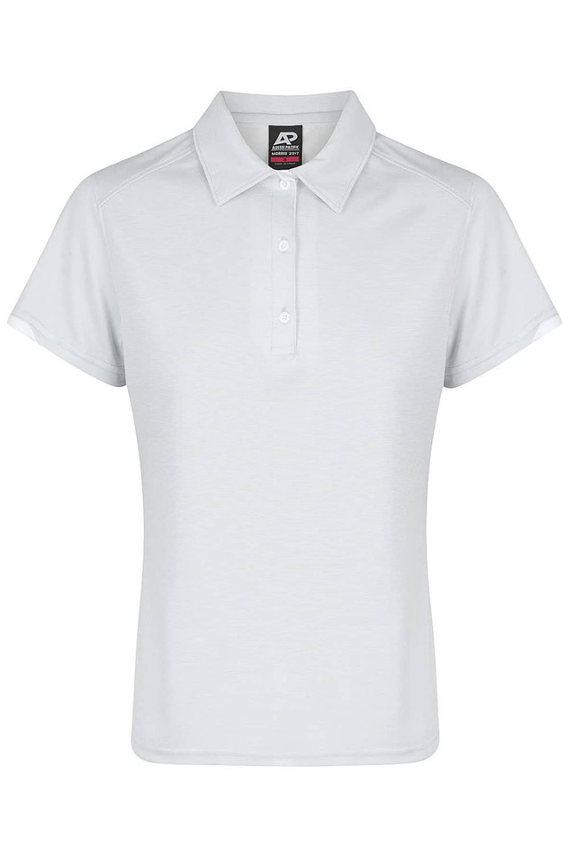 A light grey polo shirt with a classic collar and button placket, featuring a logo on the label.