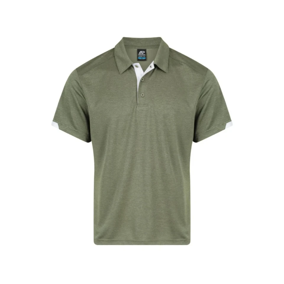 An olive green men's polo shirt with a collar and short sleeves, featuring contrasting white accents.