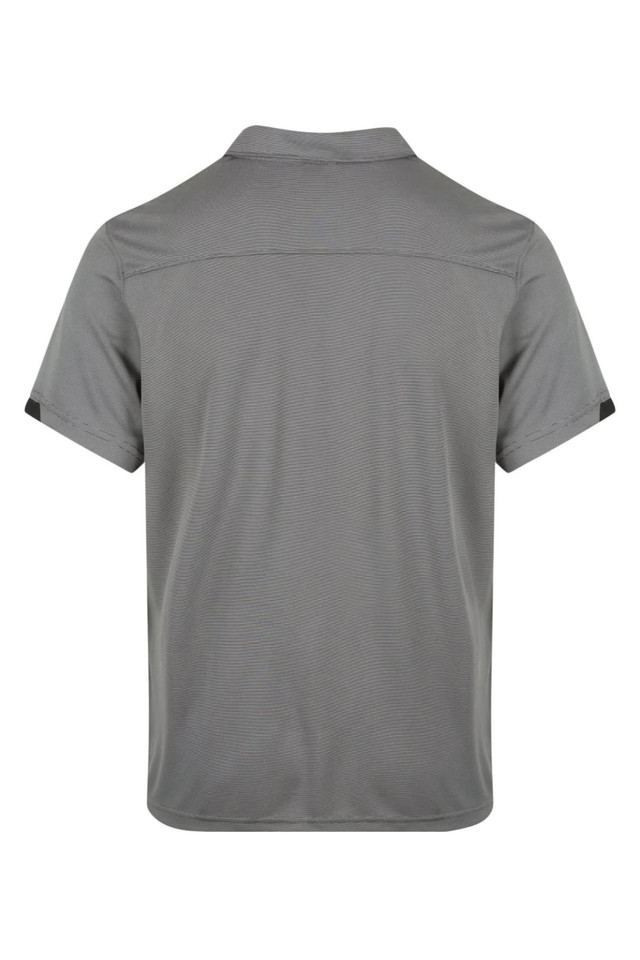 A grey polo shirt with a collar and short sleeves, featuring striped detailing and a logo.