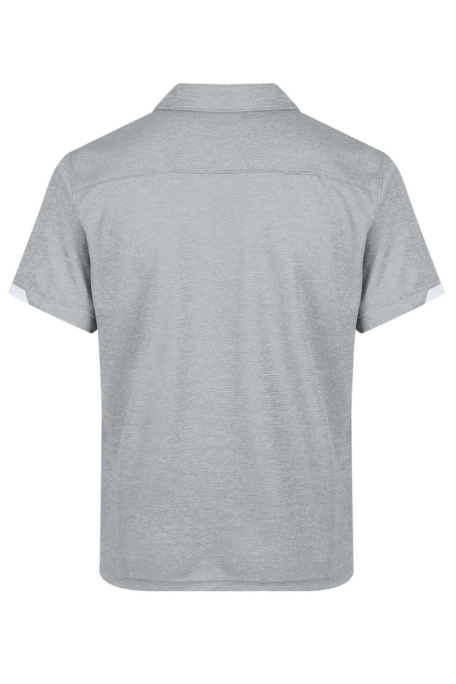 A grey polo shirt featuring a collar and short sleeves, with a logo present on the design.