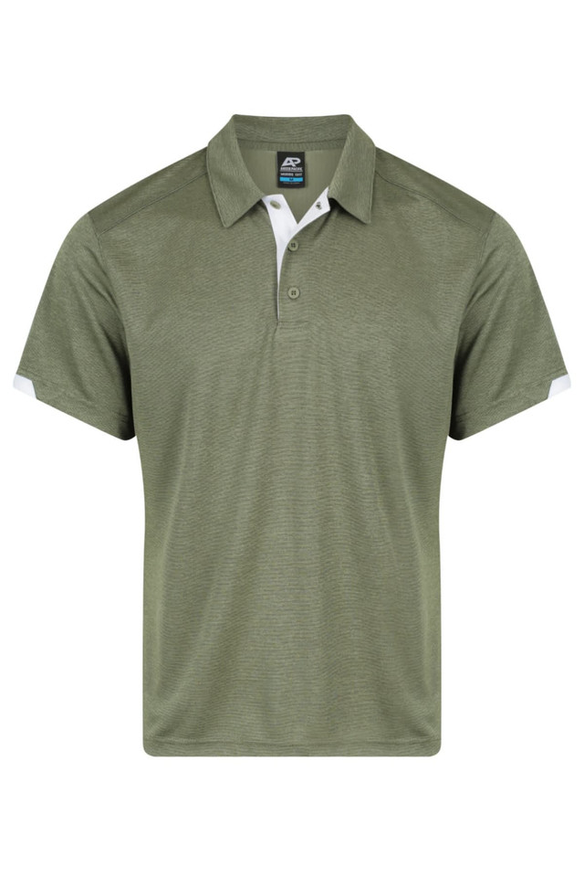 An olive green men's polo shirt with a collar and short sleeves, featuring contrasting white accents.