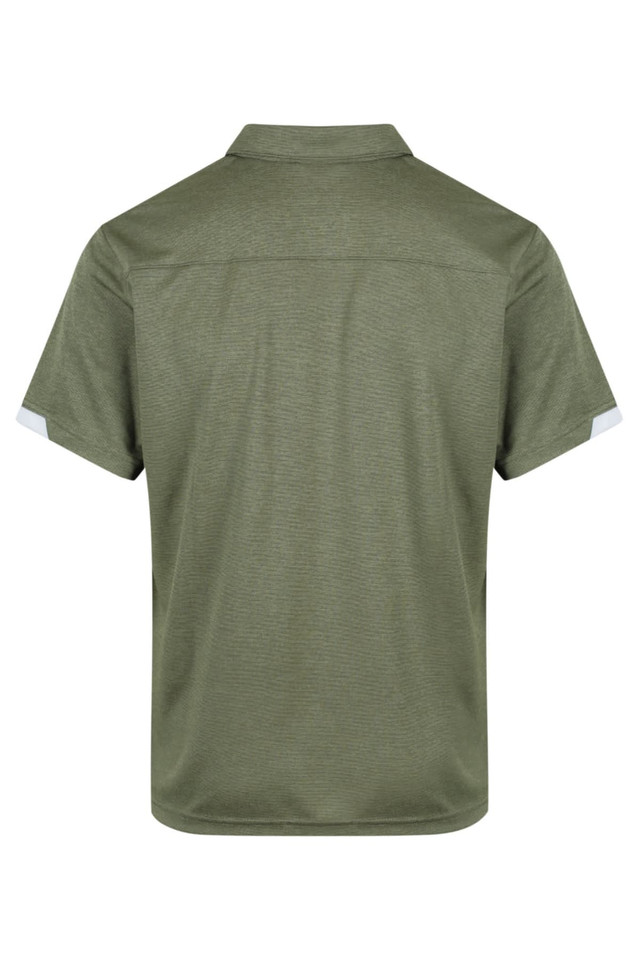 A green men's polo shirt with a collar and short sleeves, featuring a back view and sleeves in a contrasting colour.