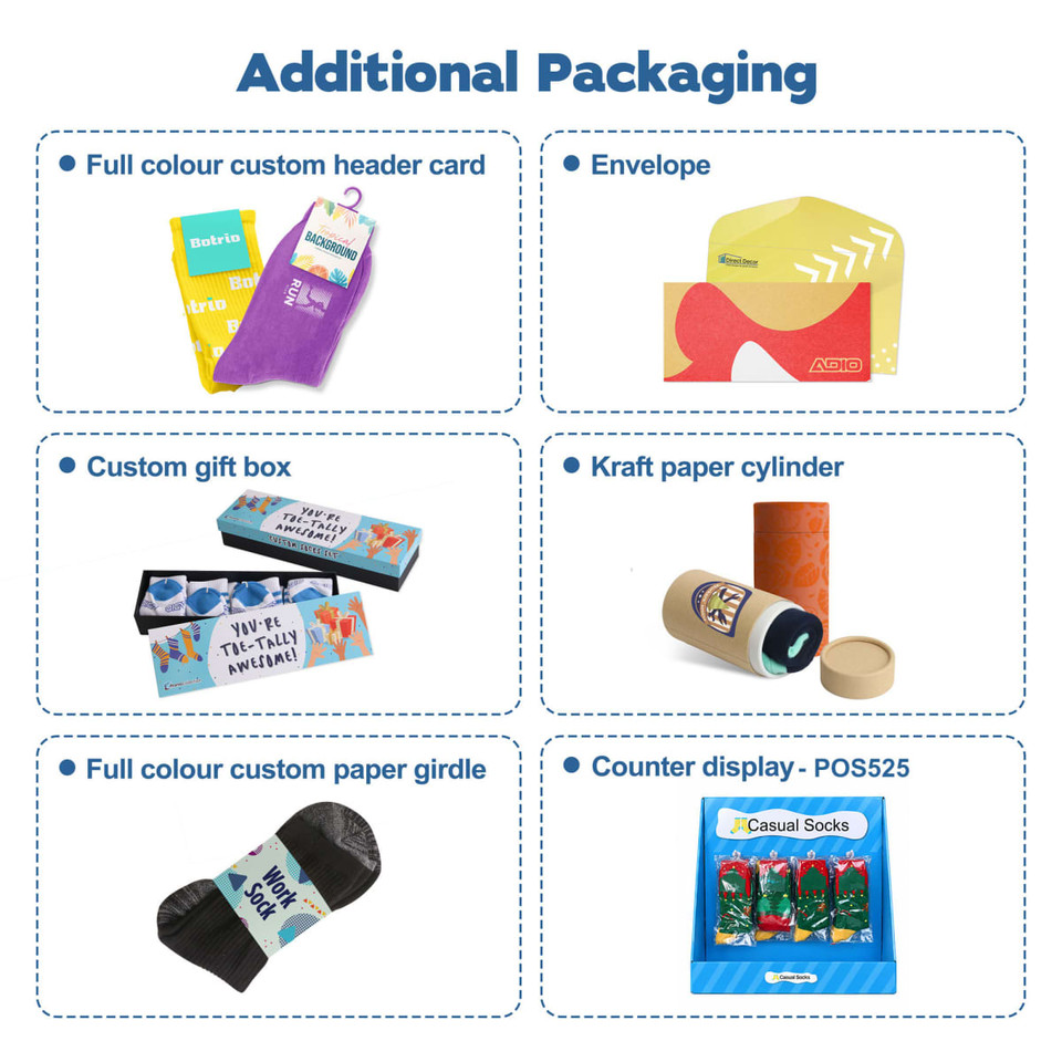 A variety of packaging options including custom gift boxes, envelopes, and a kraft paper cylinder. Includes socks.