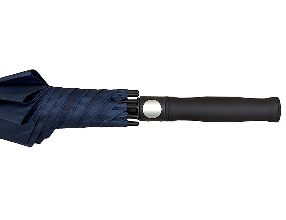 A navy blue promotional golf umbrella with a black handle and a logo on the side.