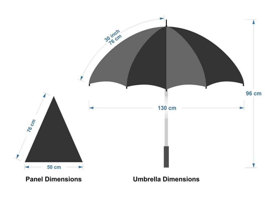 A black golf umbrella with a grey panel design, featuring dimensions for both the umbrella and a panel.