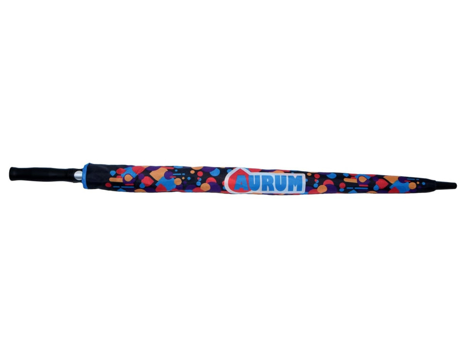 A golf umbrella featuring a vibrant, multicoloured design with a handle cover and a logo.