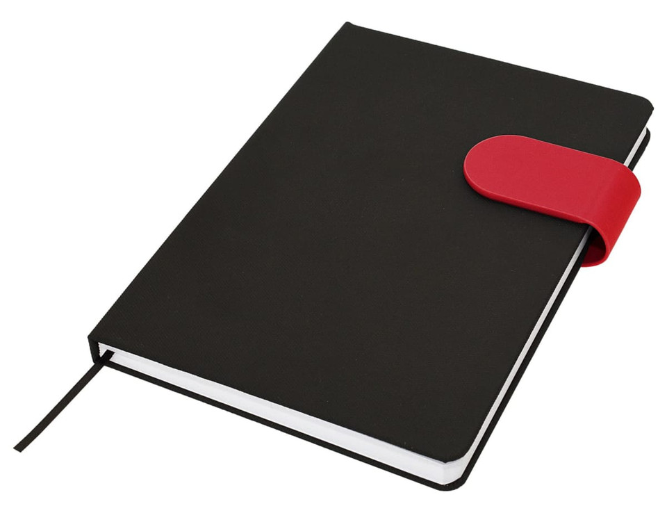 A black A5 notebook with a red elastic strap closure and a ribbon marker, featuring a logo on the cover.