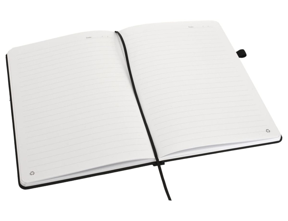 An A5 notebook with a black cover, featuring lined pages and a ribbon bookmark. It also has a logo.