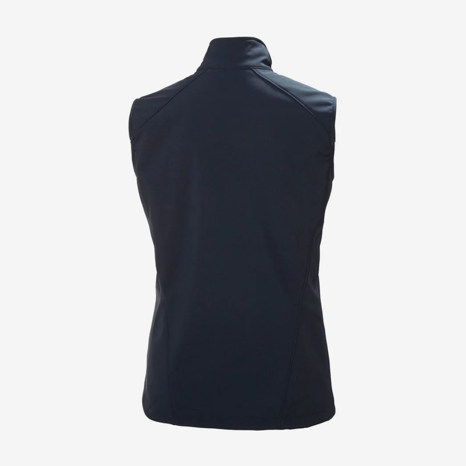 Back view of a black sleeveless vest with high collar on a white background.