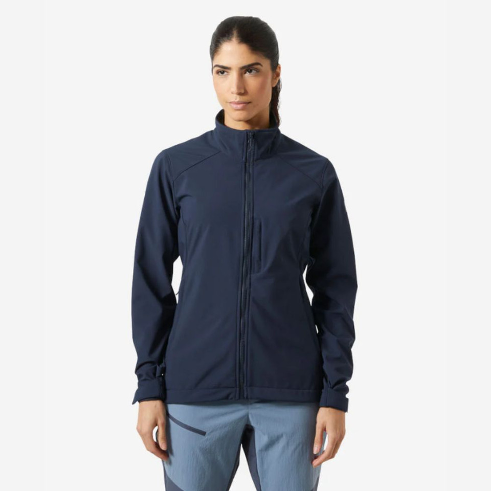 Front view of a navy women's softshell jacket with a full-length zipper, stand collar, zippered chest pocket, and weather-resistant construction.