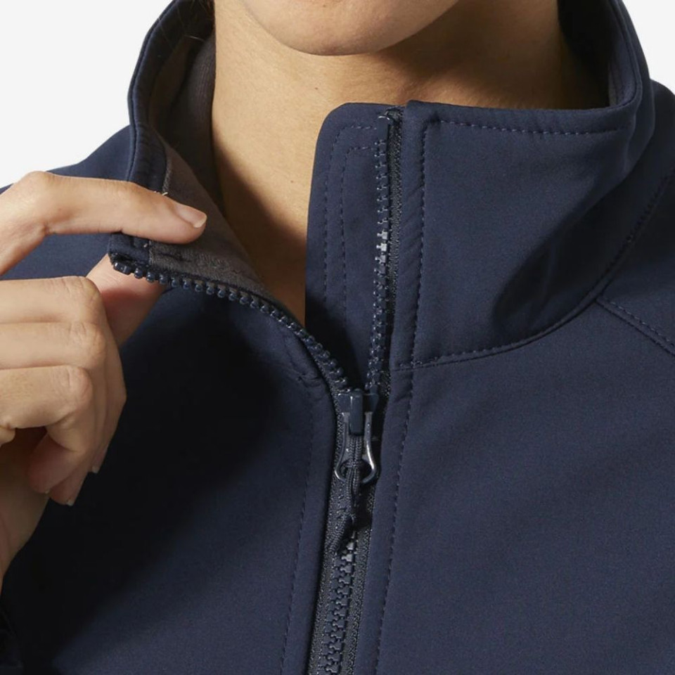 Close-up view of a navy women's softshell jacket highlighting the high stand collar, full-length front zipper, and soft inner lining for enhanced comfort and weather protection.