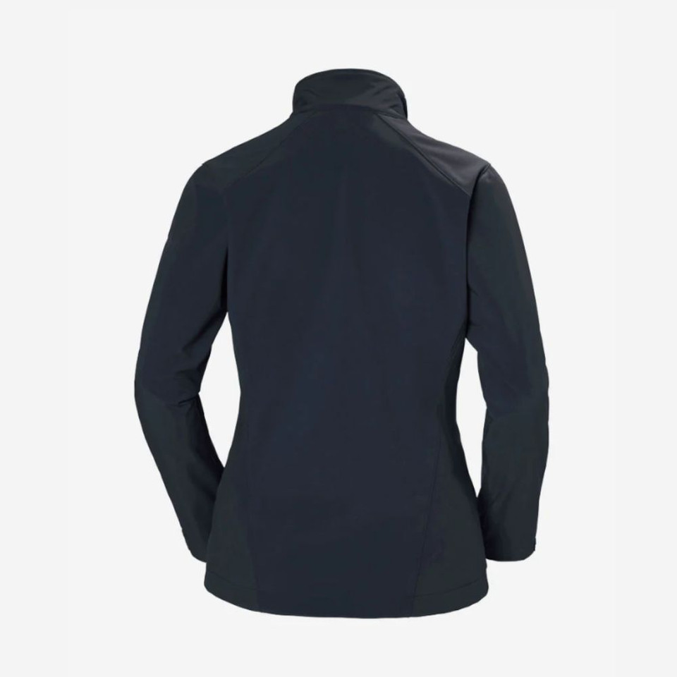 Rear product view of a navy women's softshell jacket showcasing a streamlined fitted silhouette, high collar, and clean minimalist design for outdoor wear.