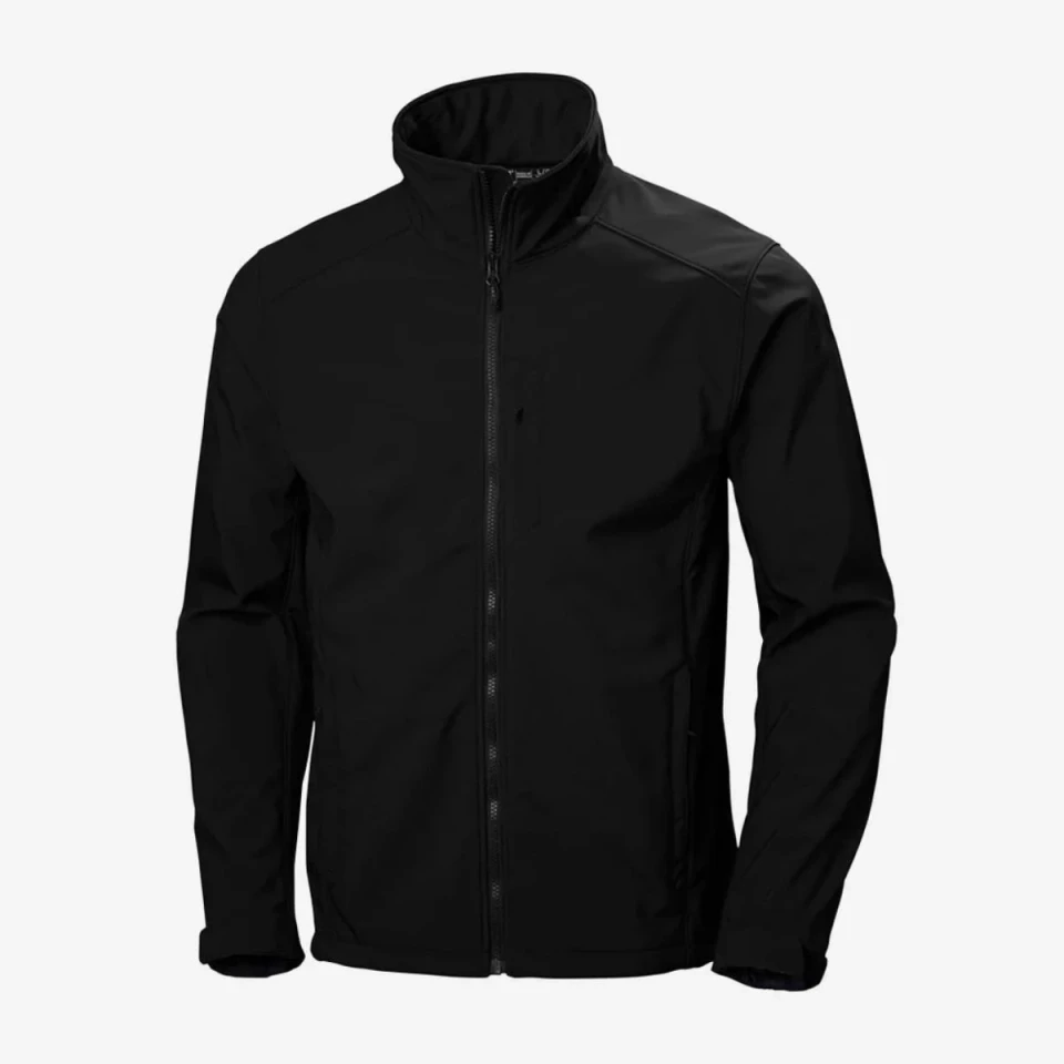 Black softshell jacket on white background.