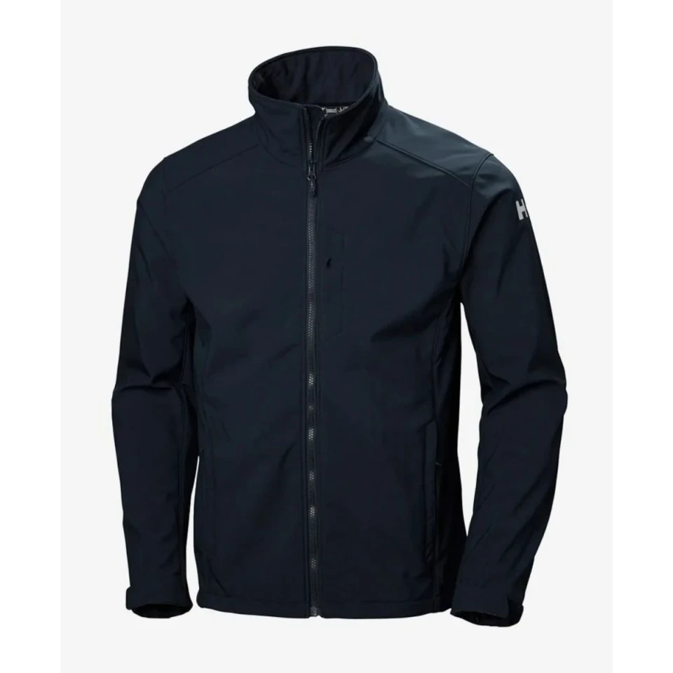 Front product view of a navy men's softshell jacket featuring a full-length zipper, stand collar, zippered chest pocket, and streamlined outdoor-performance design.