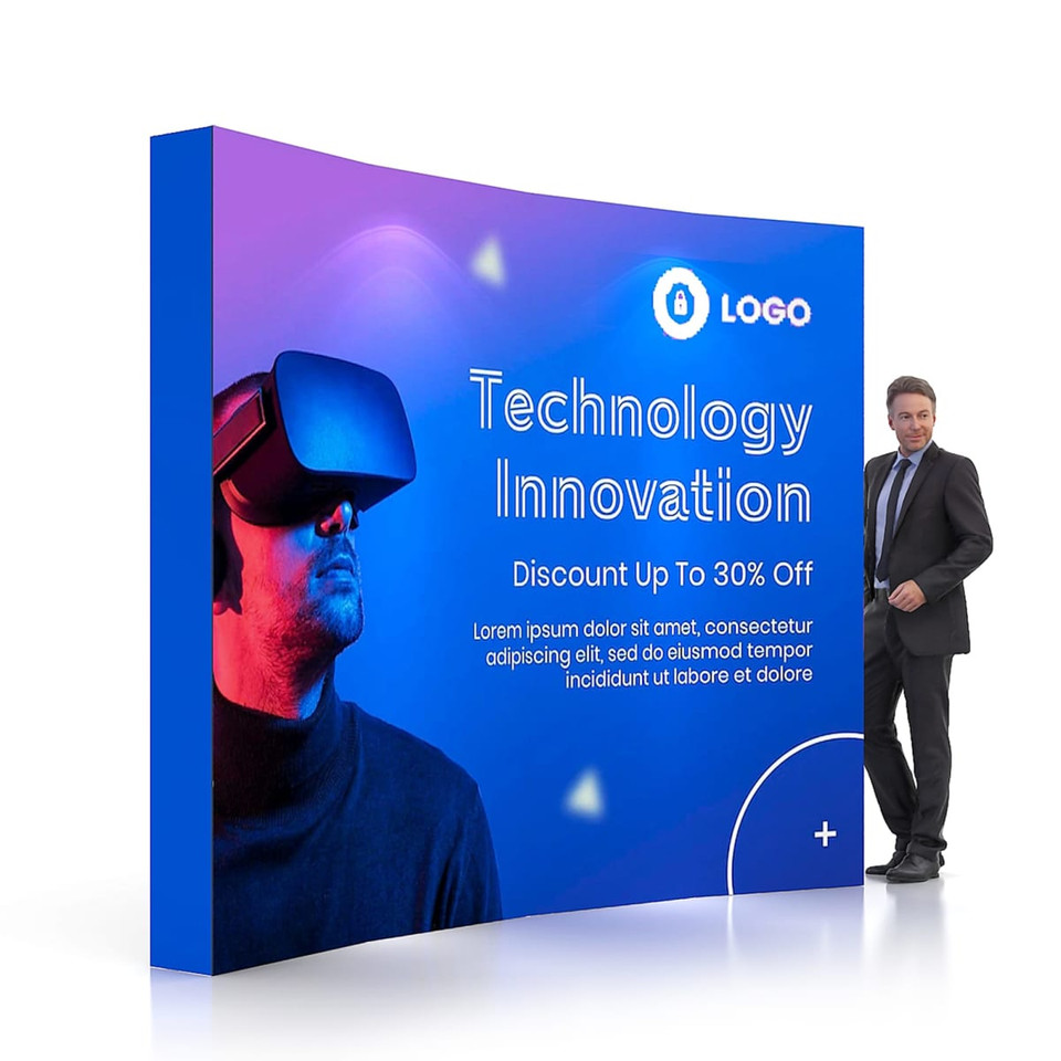 A curved blue display wall features a man in a suit and a virtual reality headset, with a logo and promotional text.