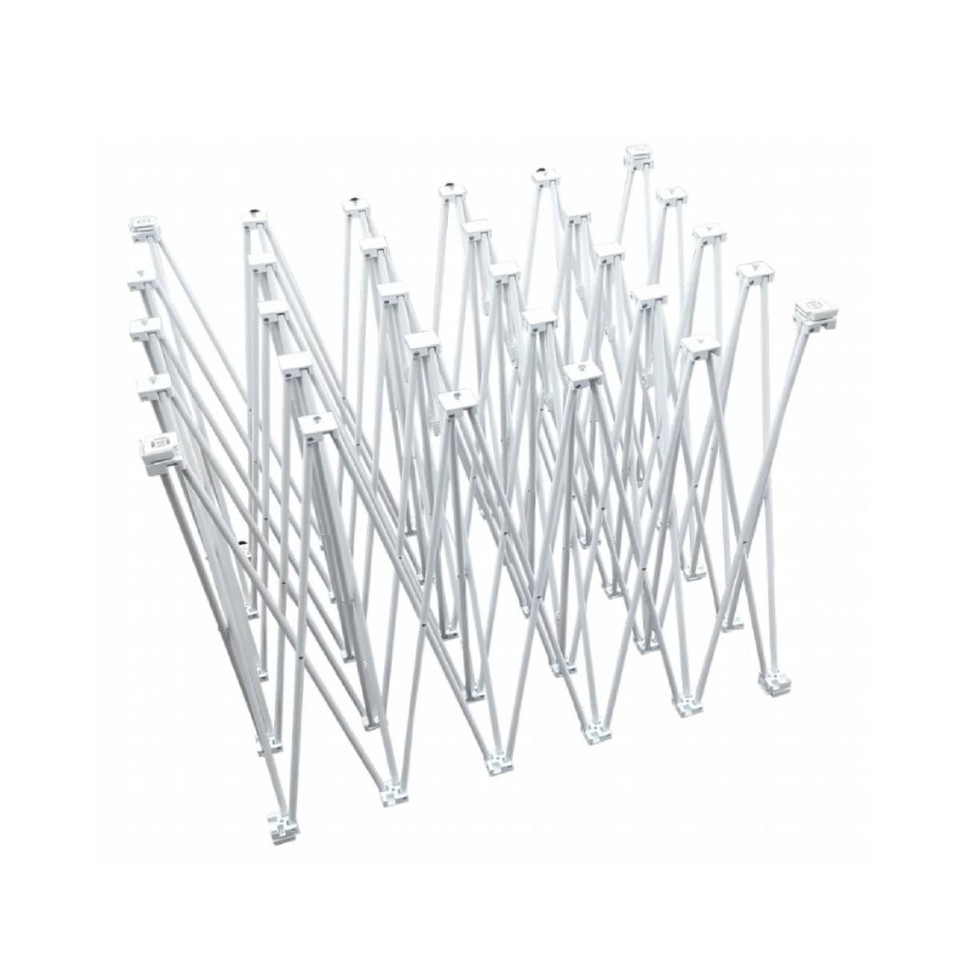 A white, collapsible frame for a pop-up display, featuring multiple interlinked sections arranged in an abstract pattern.