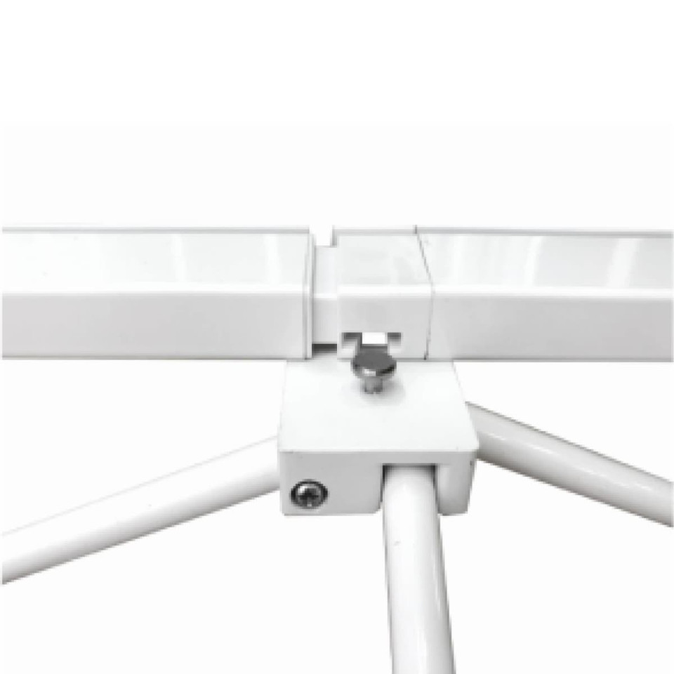 A white curved display wall frame with metallic connectors and tripod legs for stability. It includes a branding logo.