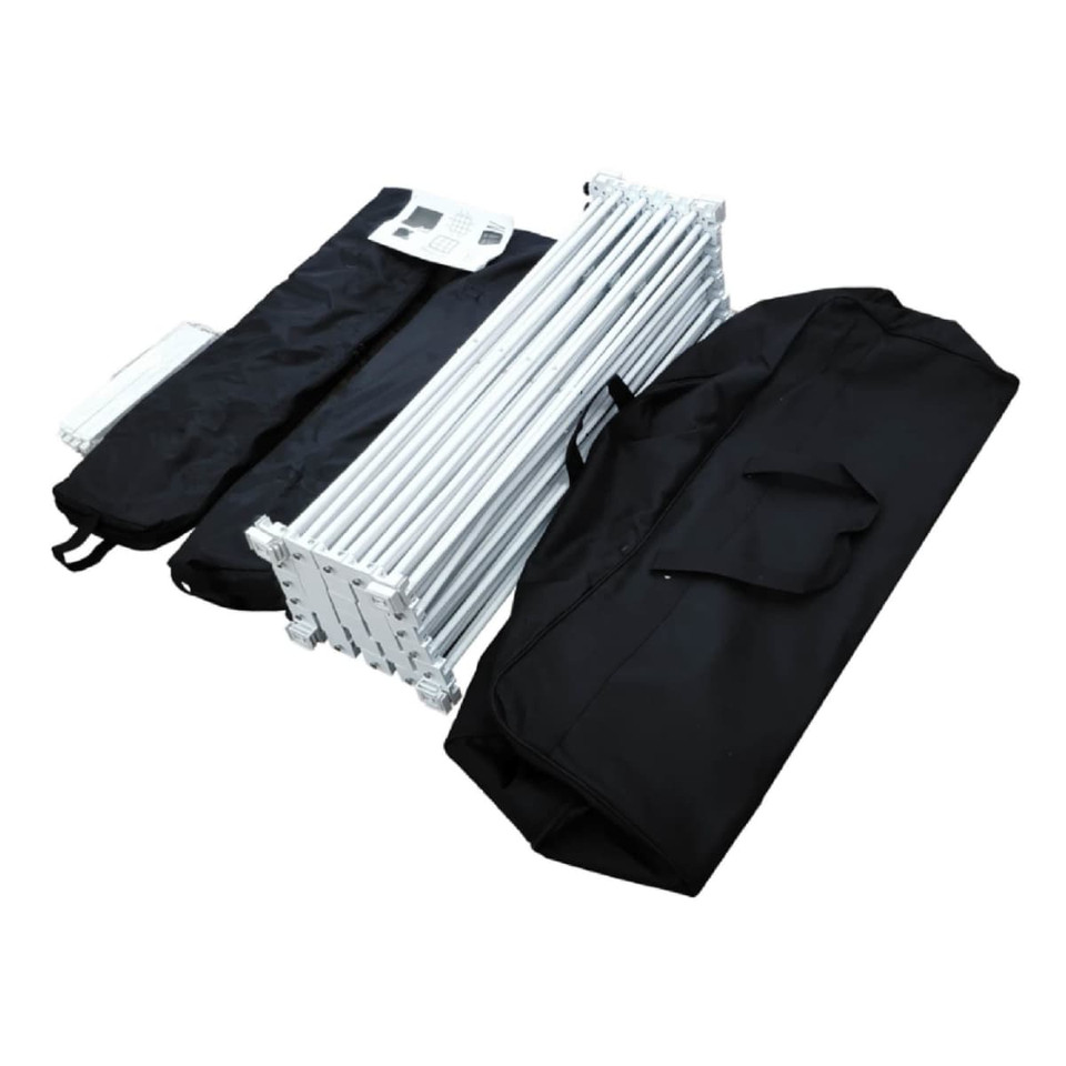 A black carrying bag and a collapsed white frame for a 3m curved pop-up display wall.