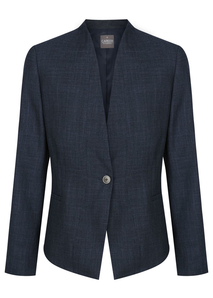 A dark navy jacket with a single button closure and a minimalist design, featuring long sleeves and no collar.