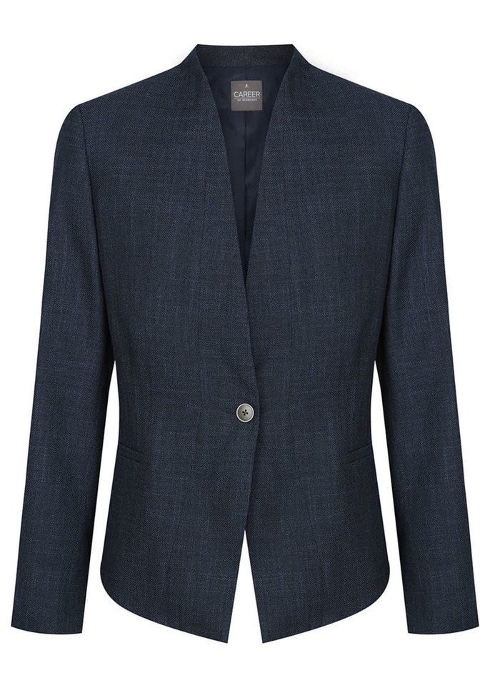 A dark navy blazer with a tailored fit, featuring a single button closure and an open collar.