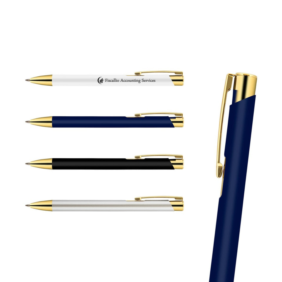 A set of metal pens in navy, black, and white, featuring gold accents and a branding logo.