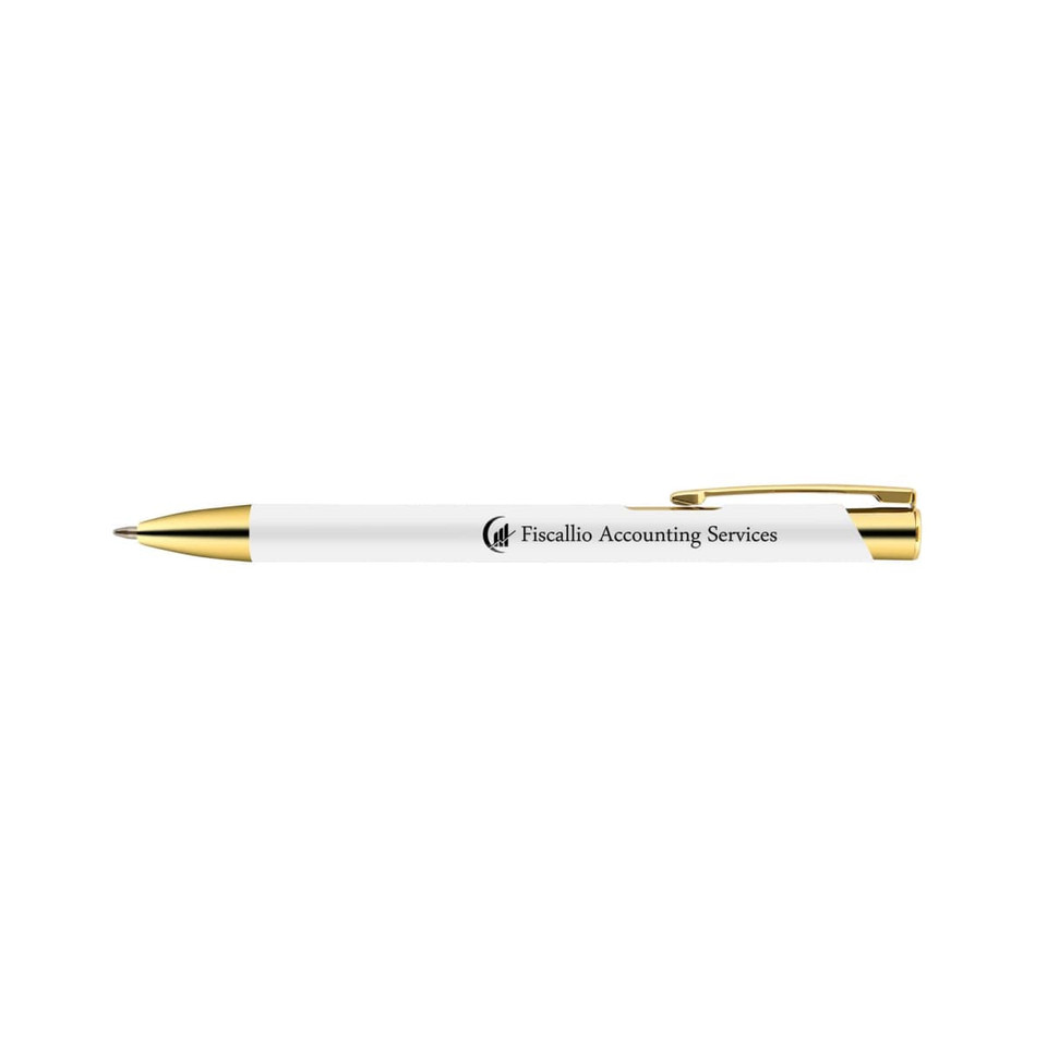 A white metal pen with gold accents and a branding logo.