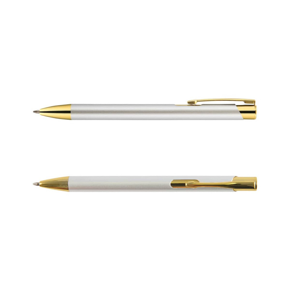 A metallic pen featuring a silver body and gold accents, displayed from two angles. The design includes a branding logo.