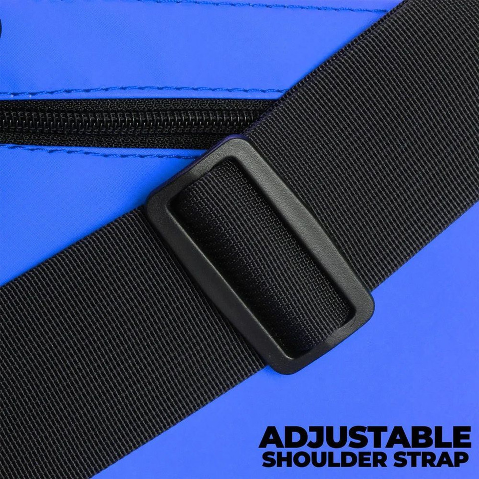 Rugged Xtremes blue and black crib bag with side pockets and striped panel and adjustable strap