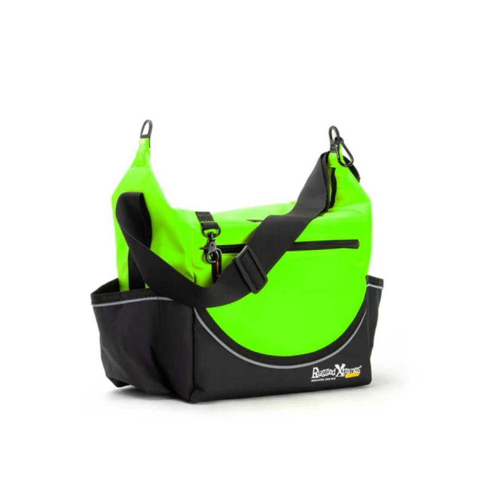 Fluoro organge and black rugged crib bag with adjustable strap and front pocket, ideal for outdoor adventures.