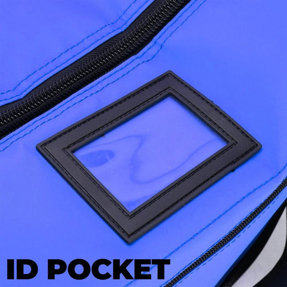 Rugged Xtremes blue and black crib bag with side pockets and striped panel, id pocket