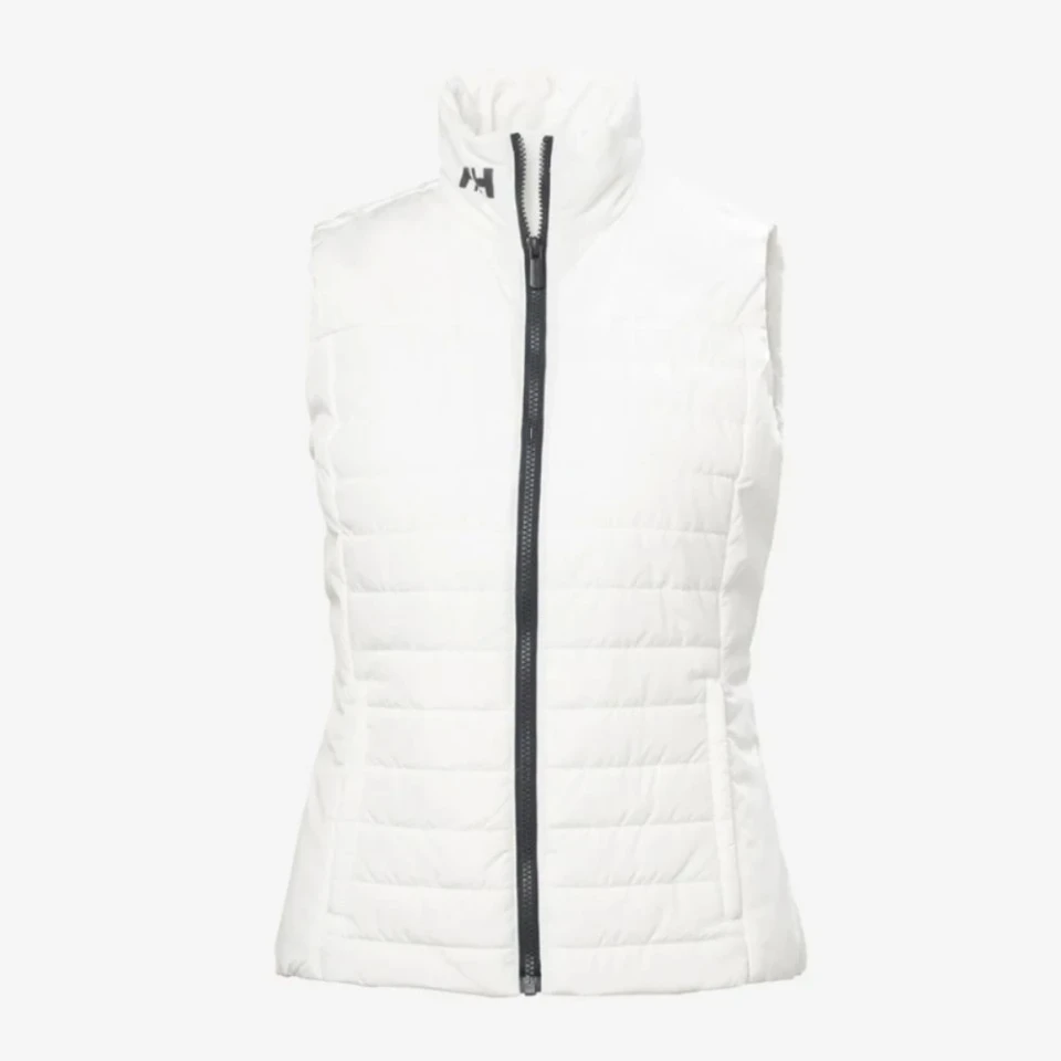 White quilted Helly Hansen vest with zipper front and high collar.