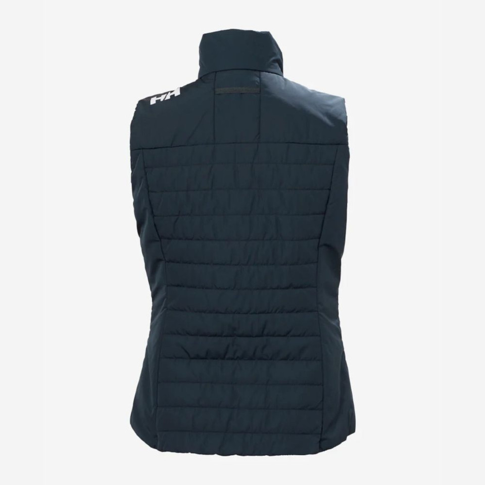Dark blue quilted Helly Hansen vest with high collar, back view.